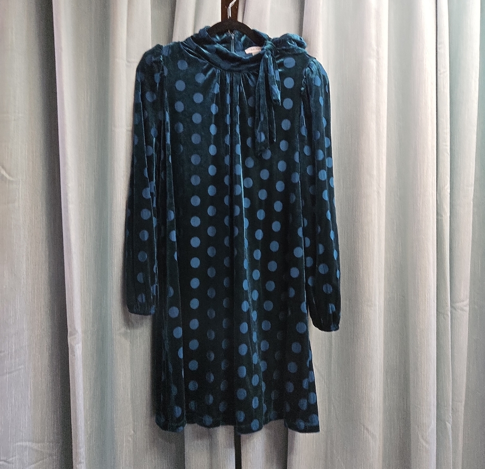 Calvin Klein Teal and Light Teal Polka Dot Velvet Long Sleeve Dress